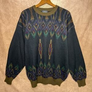 Vintage Grandpa Sweater 90s Southwestern Argyle Knit Multicolor Grunge Western
